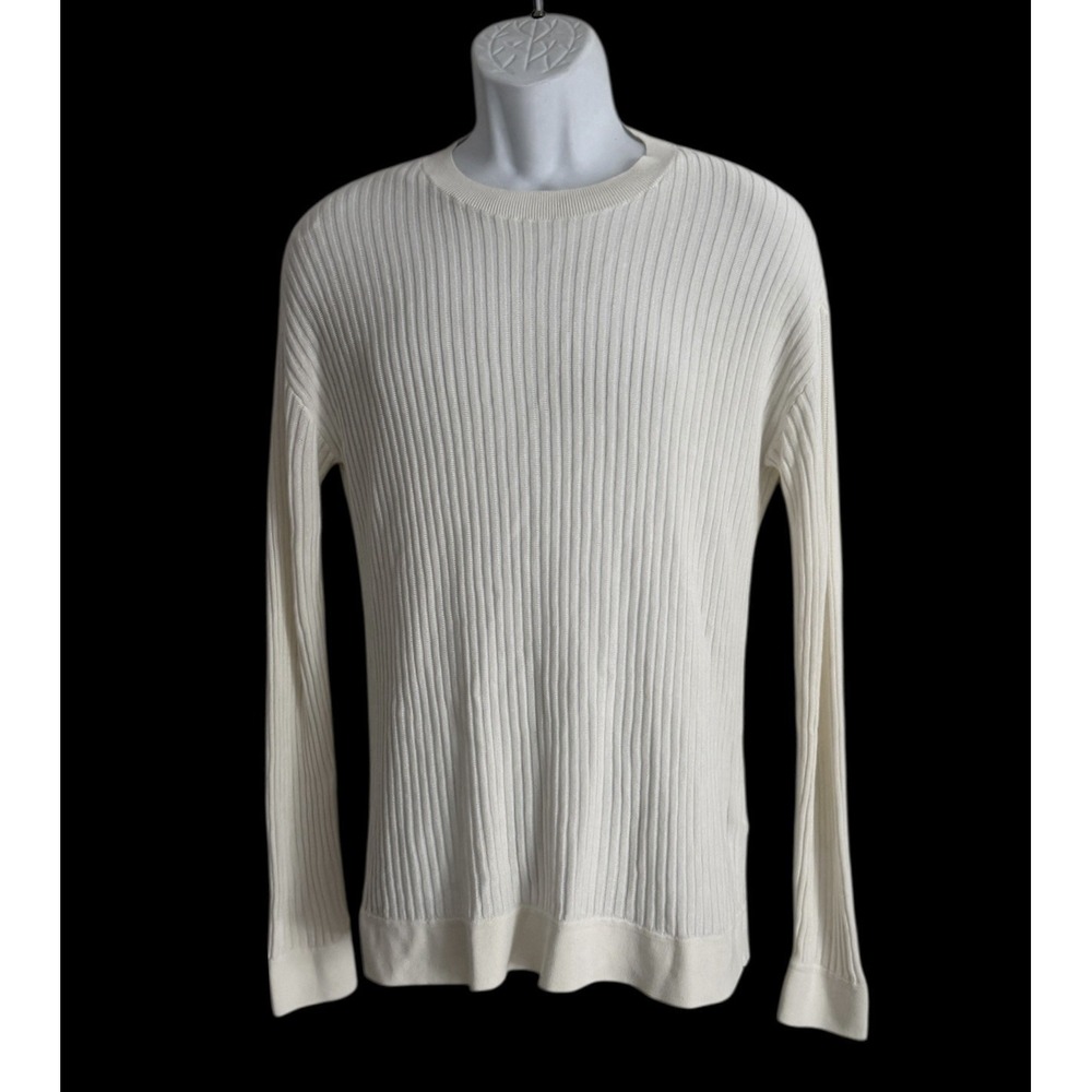 Reiss Mens Pullover Top M Rib Knit Crew MARCUS‎ Lightweight Muscle Off White L/S